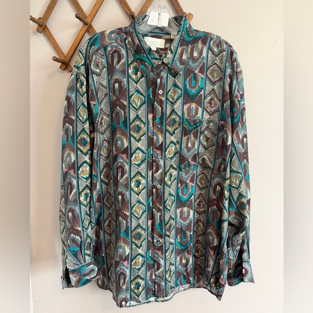 Protocol Vintage 100% Silk Geometric Abstract Men Button Down  Multicolour L